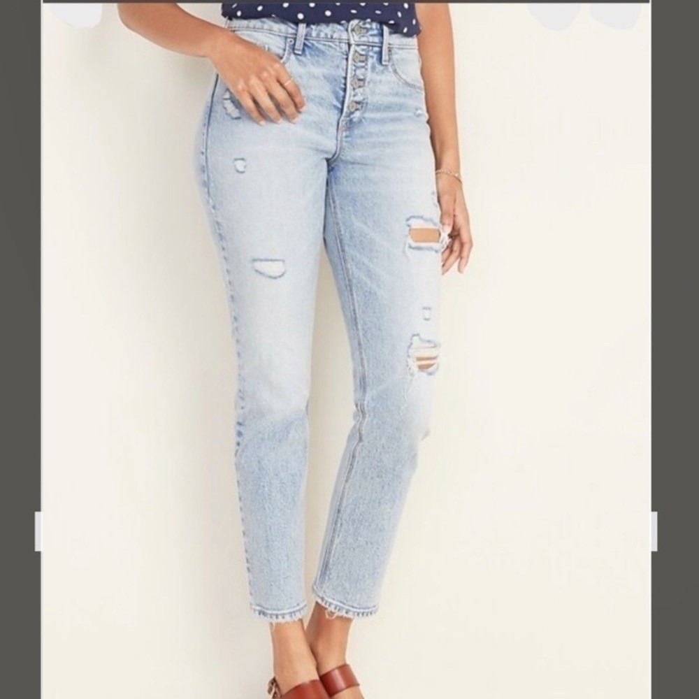 Old Navy Power Slim Straight Hi-Rise Jeans sz 12 distressed buttons fly festive